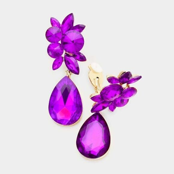 Floral Purple Color Teardrop Crystal Clip On Earrings NWT - Picture 1 of 5